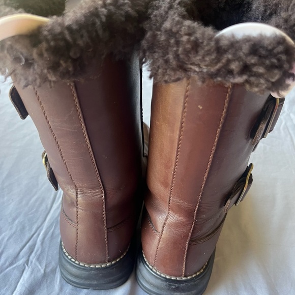 UGG Women Brown Leather Moto Boots 7 Mid Calf Motorcycle Sheepskin Fur Lined - Picture 5 of 5